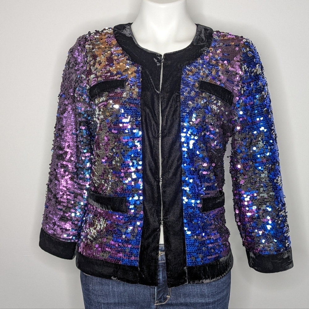 Boston Proper Blue Purple Silver Black Velvet Hook Closure Jacket S